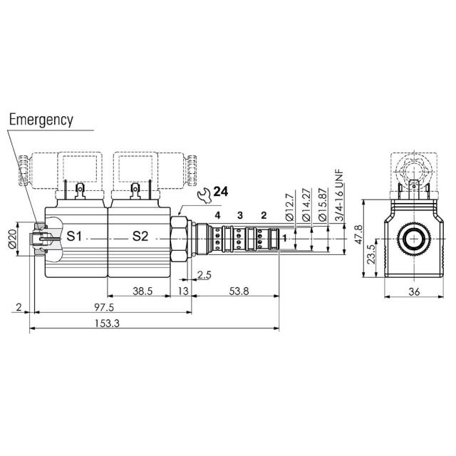 08 4/3-way cartridge valve S4, 11 Ltr, 24 V DC