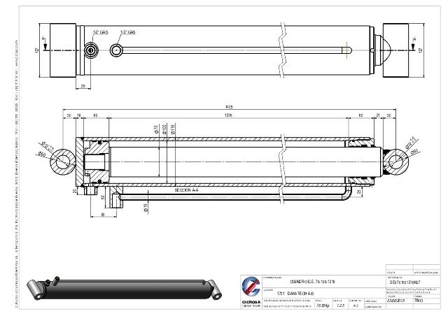 Dobbeltvirkende hydraulikcylinder 100/70 x 1216 mm fastøje Ø32 mm