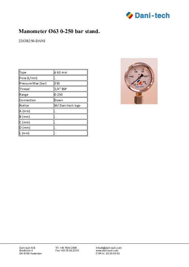 Manometer Ø63 0-250 bar stand.