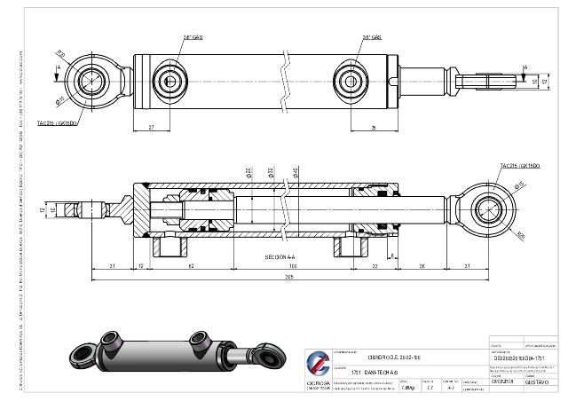 Dobbeltvirkende hydraulikcylinder 32/20 x 100 mm ledøje Ø15 mm 90° vinkel