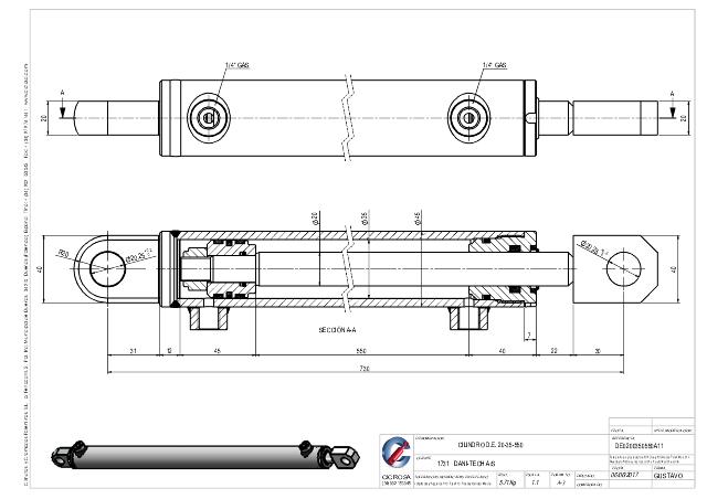 Dobbeltvirkende hydraulikcylinder 35/20 x 550 mm fastøje Ø20 mm