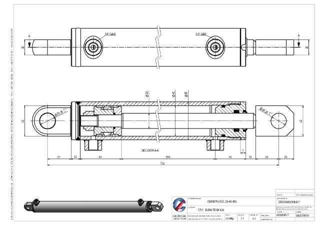 Dobbeltvirkende hydraulikcylinder 40/20 x 550 mm fastøje Ø20 mm