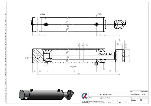 Cylinder l-min = 460 mm Aisi 304