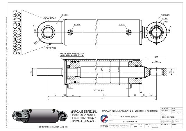 Dobbeltvirkende hydraulikcylinder 100/50 x 215 mm ledøje Ø40 mm smørenippel højre
