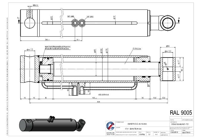 Dobbeltvirkende hydraulikcylinder 100/60 x 400 mm fastøje Ø44 mm