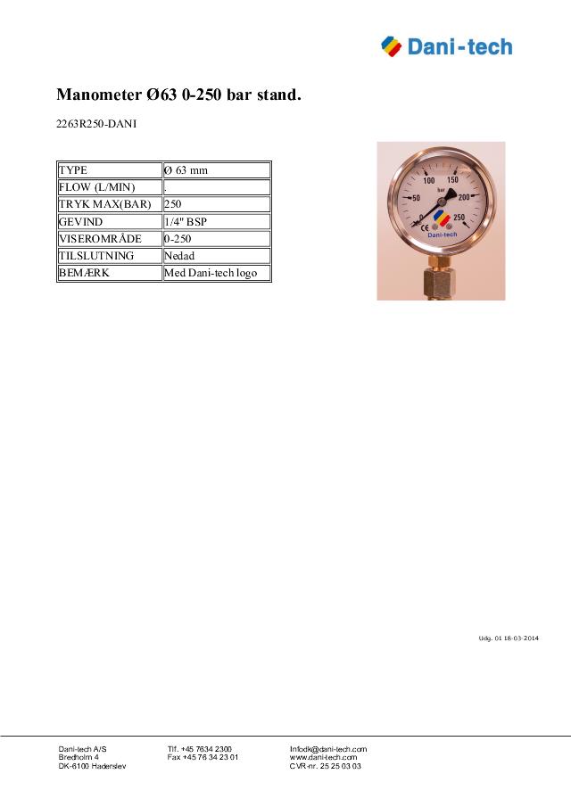 Manometer Ø63 0-250 bar stand.