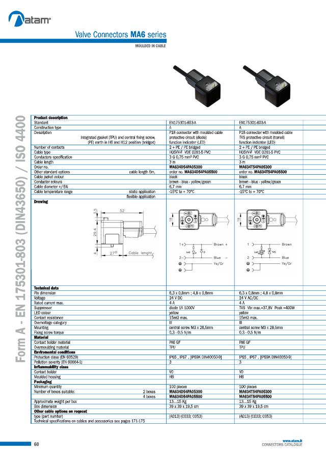 Stik DIN 43650 LED 24VDC 10m kabel olie resist.