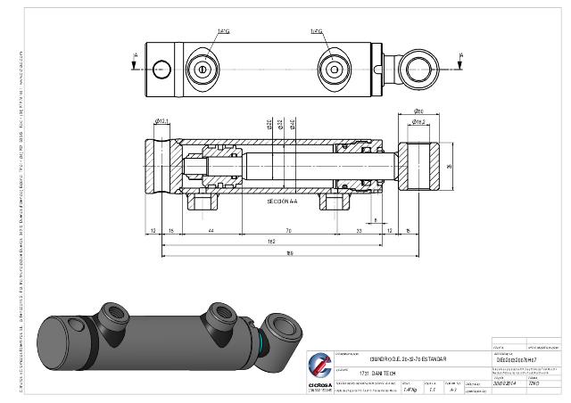 Dobbeltvirkende hydraulikcylinder 32/20 x 70 mm fastøje Ø12 mm - Ø16mm 90° vinkel