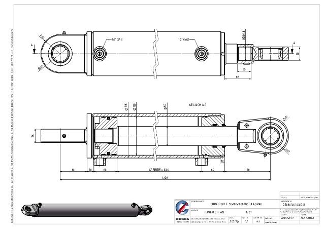 Dobbeltvirkende hydraulikcylinder 100/50 x 1000 mm ledøje Ø40 mm 90° vinkel