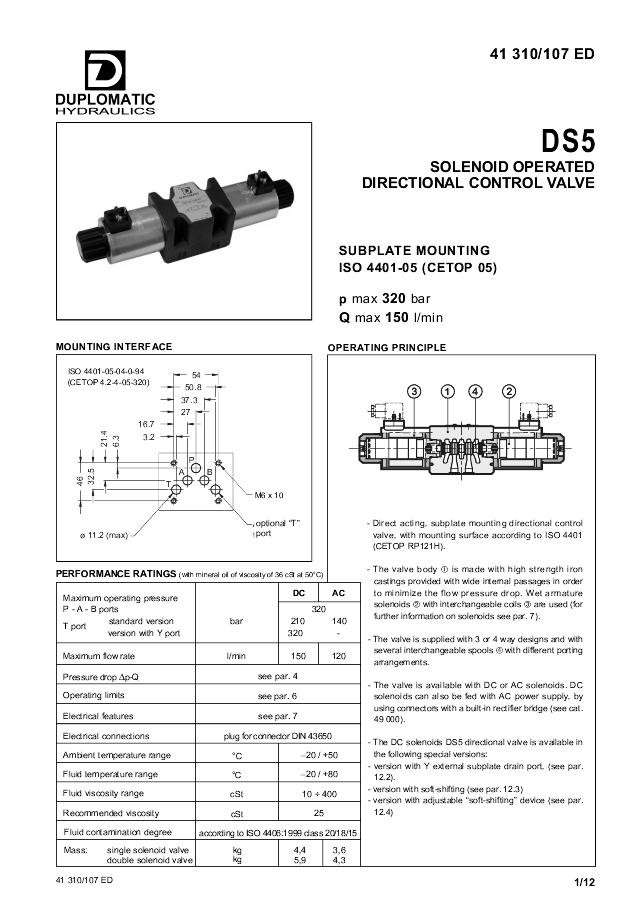 41 310/107 ED SOLENOID OPERATED DIRECTIONAL CONTROL VALVE