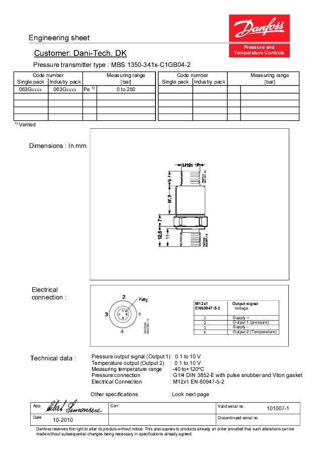 Tryktransducer 0-10 V DC, 250 bar