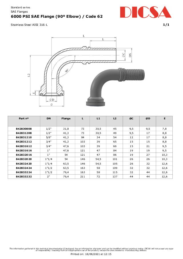 SAE 6000 Indstik 90° Flange - AISI 316L