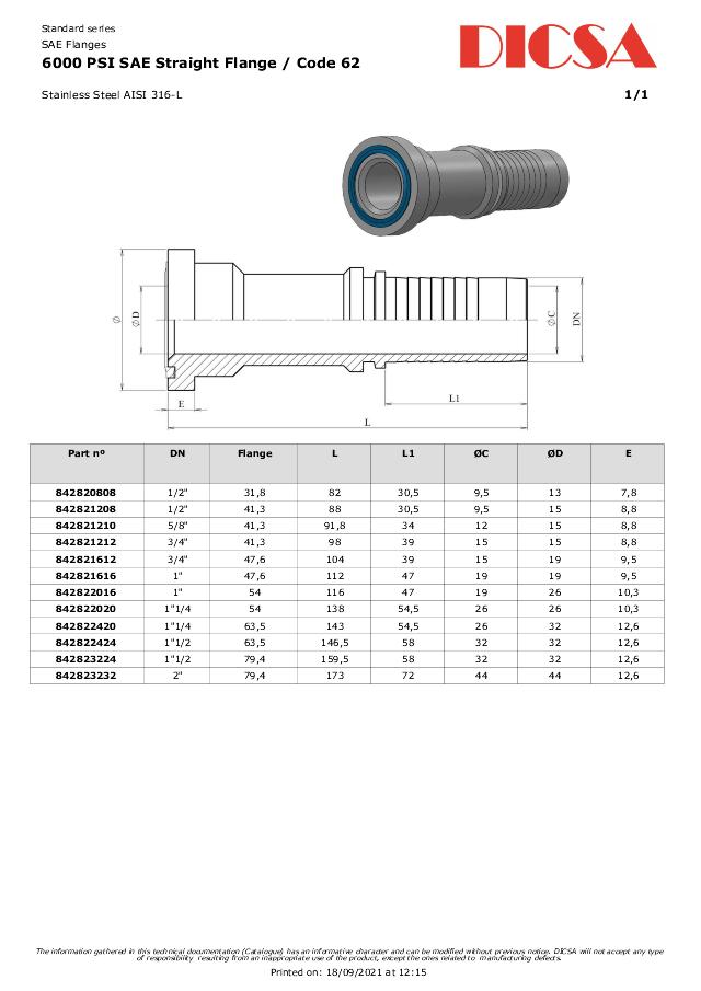 SAE 6000 Indstik Lige Flange - AISI 316L