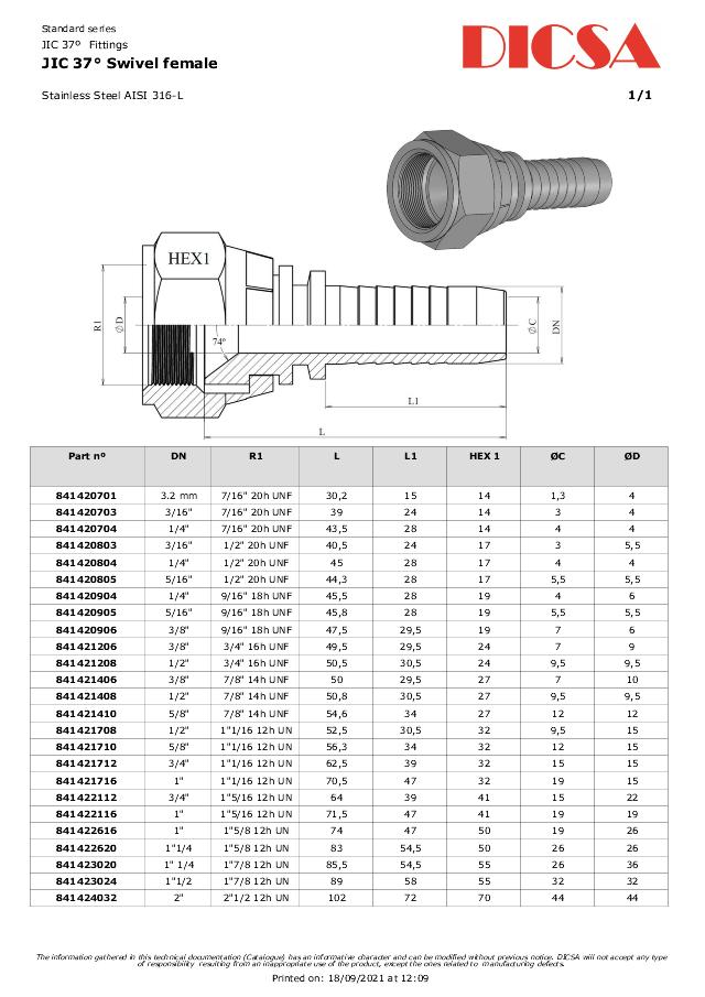 JIC 37° Indstik Hun - AISI 316L