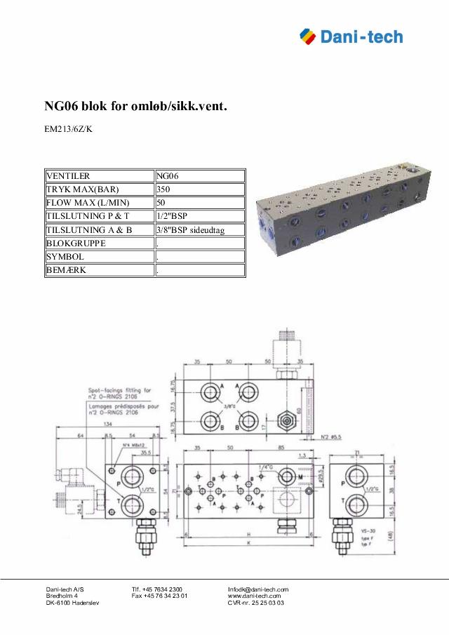 NG06 bundblok for 6 ventiler + omløb/sikk.vent.