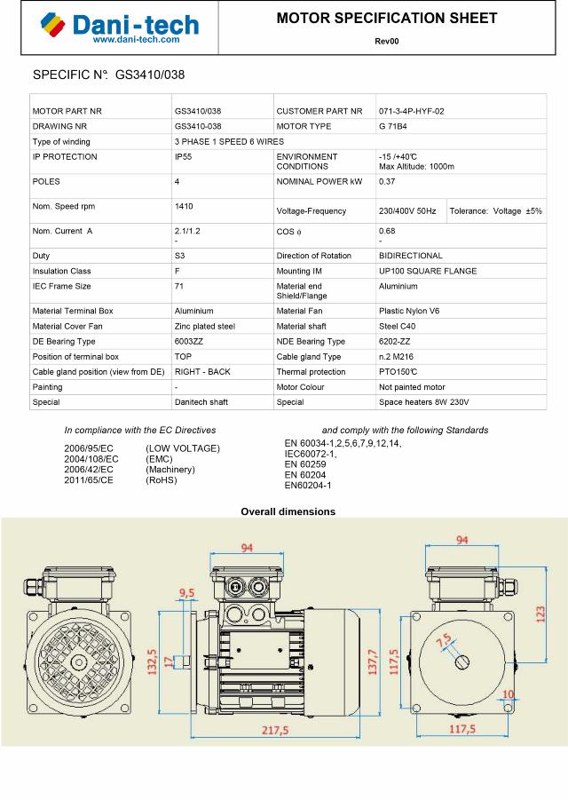 Motor 0,37 kW 1410 S3 PTO 8W space heater