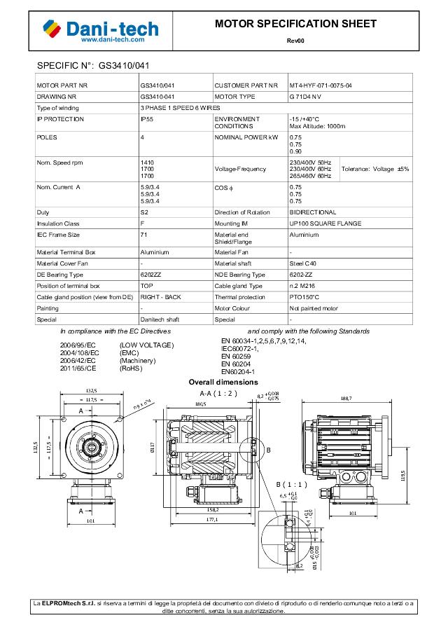 Motor 0,75 kW 1410 S3 PTO excl. fan