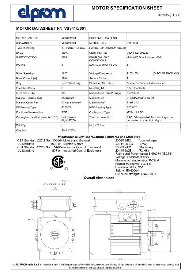 Motor 1,1 kW 1670 S3 PTO 1F CSA/UL