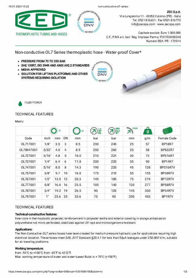 OL7 Non-conduitive Termoplastslange 