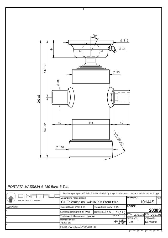 Teleskopcylinder kugle/tappe 3 trin - Ø93 x 410mm - 5 T