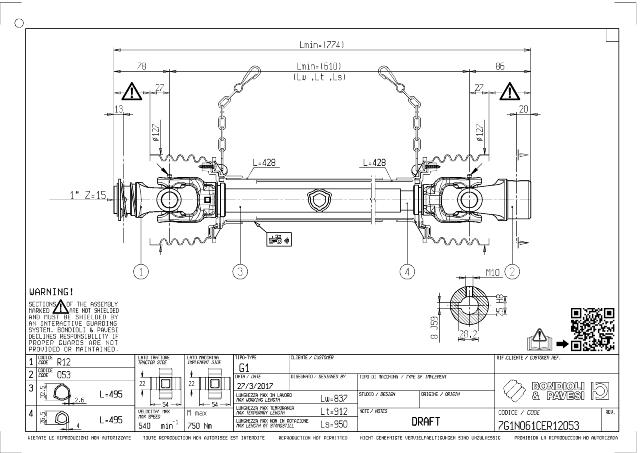 G1 Standard PTO Aksel 610mm - 1 Z15 Gaffel med kuglelås x Ø25 mm Gaffel med notgang