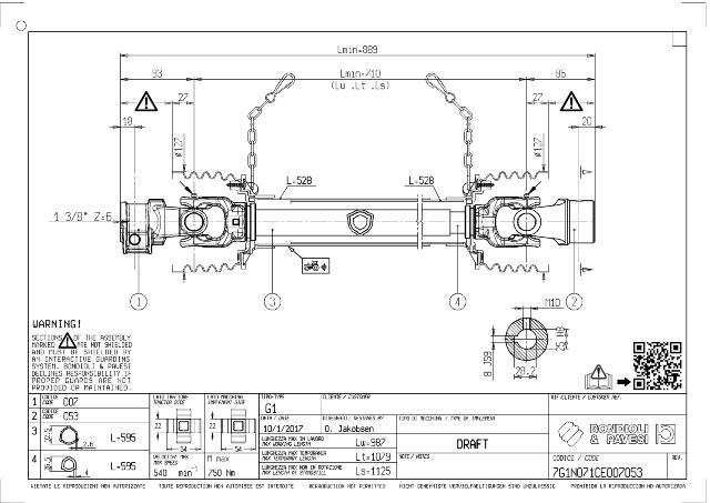 G1 Standard PTO Aksel 710mm - 1 3/8 Z6 Gaffel med snaplås x Ø25 mm Gaffel med notgang