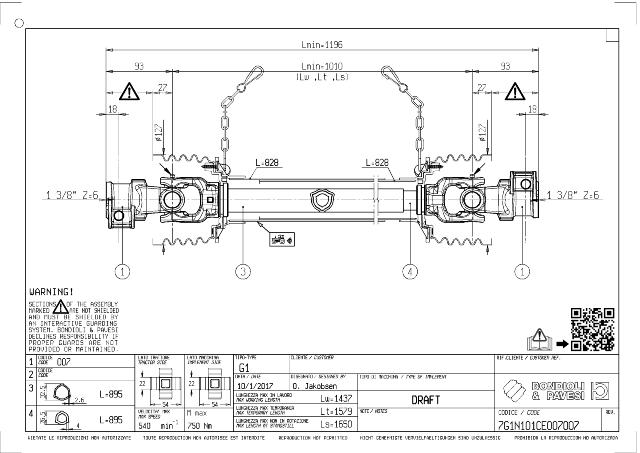 G1 Standard PTO Aksel 1010mm - 1 3/8 Z6 Gaffel med snaplås x 1 3/8 Z6 Gaffel med snaplås