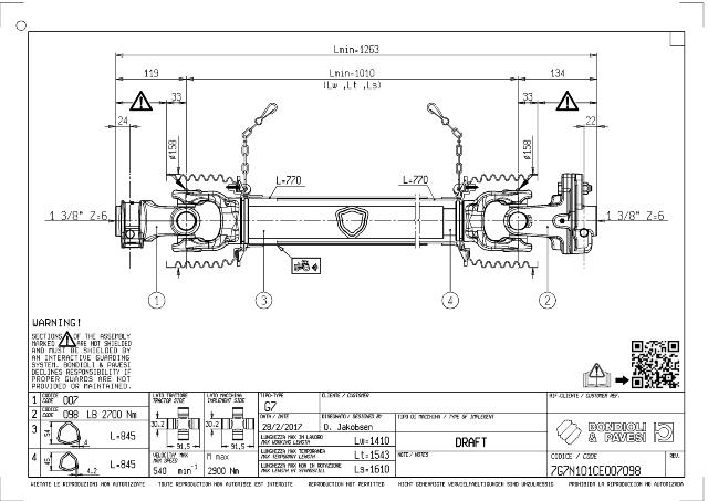 G7 Standard PTO Aksel 1010mm - 1 3/8 Z6 Gaffel med snaplås x 1 3/8 Z6 LB - Boltekobling med kilebolt