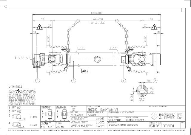 G1 Standard PTO Aksel 310mm - 1 3/8 Z6 Gaffel med snaplås x Ø25 mm Gaffel med notgang