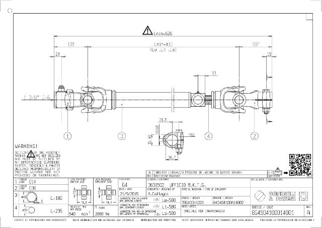 G4 Standard PTO Aksel 410mm - 1 3/8 Z6 Gaffel med kilebolt x Ø35 mm Gaffel med klembolt 