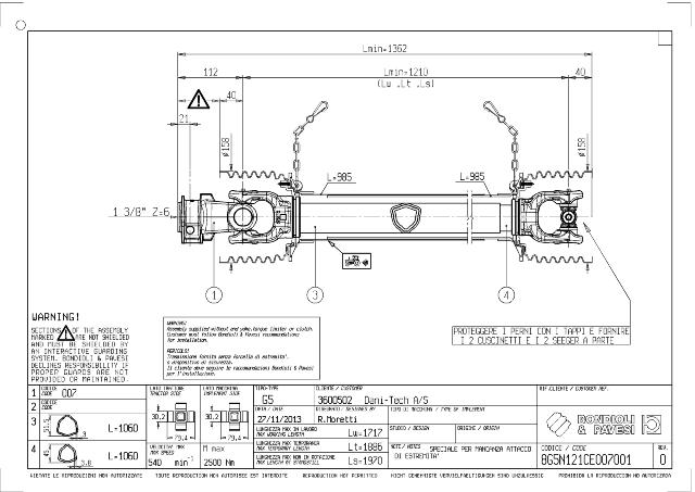 G5 Standard PTO Aksel 1210mm - 1 3/8 Z6 Gaffel med snaplås x Kardankryds 