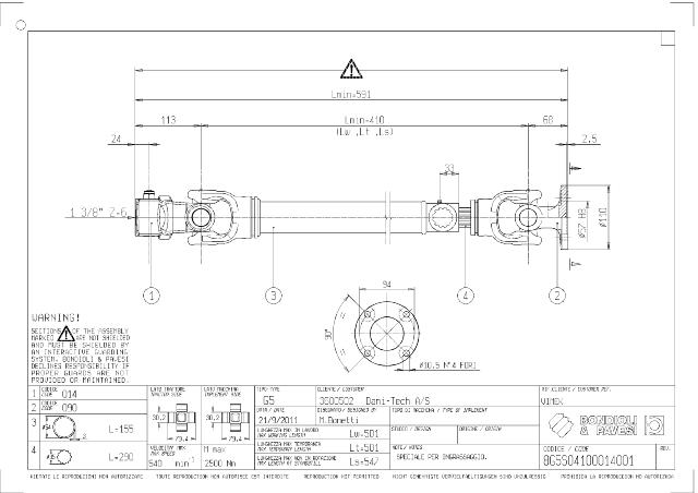 G5 Standard PTO Aksel 410mm - 1 3/8 Z6 Gaffel med kilebolt x Ø110 mm Gaffel med flange (4x bolte)