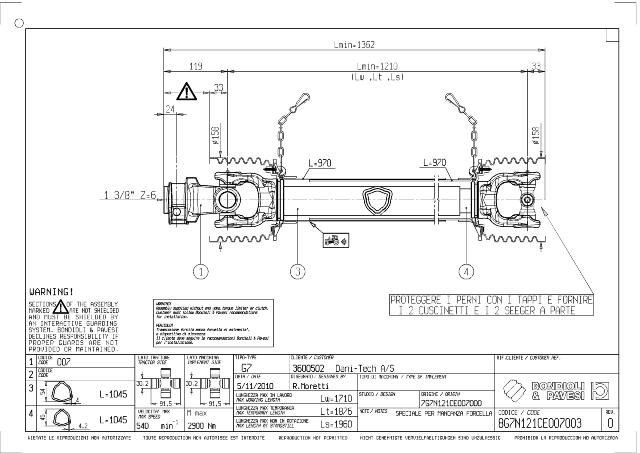 G7 Standard PTO Aksel 1210mm - 1 3/8 Z6 Gaffel med snaplås x Kardankryds 