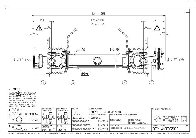 G7 Standard PTO Aksel 1410mm - 1 3/8 Z6 Gaffel med snaplås x 1 3/8 Z6 LB - Boltekobling med kilebolt