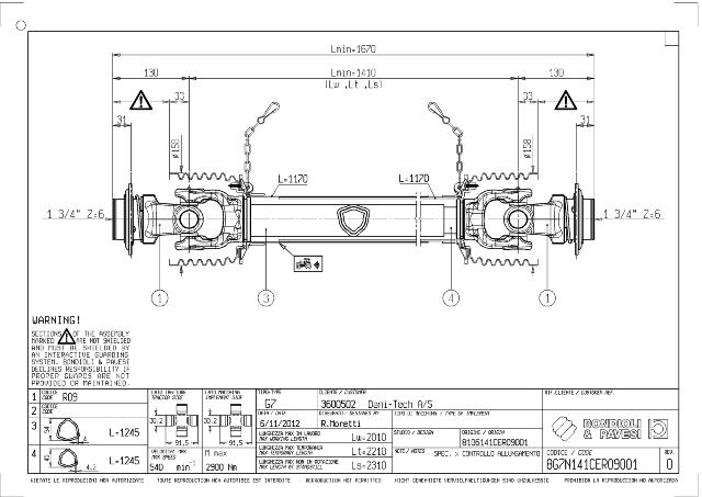 G7 Standard PTO Aksel 1410mm - 1 3/4 Z6 Gaffel med kuglelås x 1 3/4 Z6 Gaffel med kuglelås