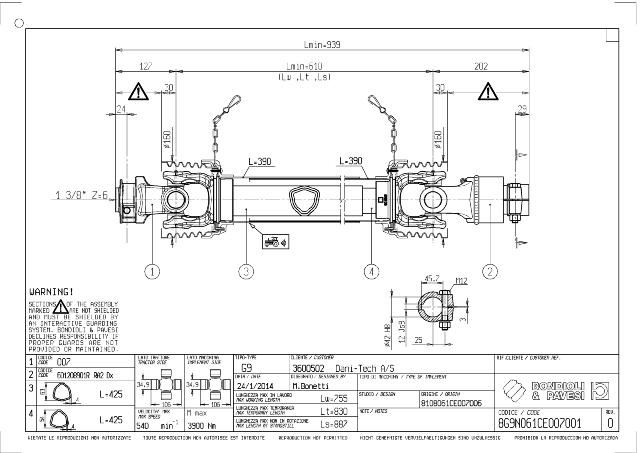 G9 Standard PTO Aksel 610mm - 1 3/8 Z6 Gaffel med snaplås x Ø42 mm RA2 DX - Friløbskobling (højre) med klembolt 