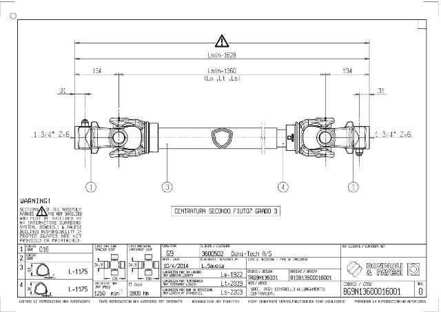 G9 Standard PTO Aksel 1360mm - 1 3/4 Z6 Gaffel med kilebolt x 1 3/4 Z6 Gaffel med kilebolt