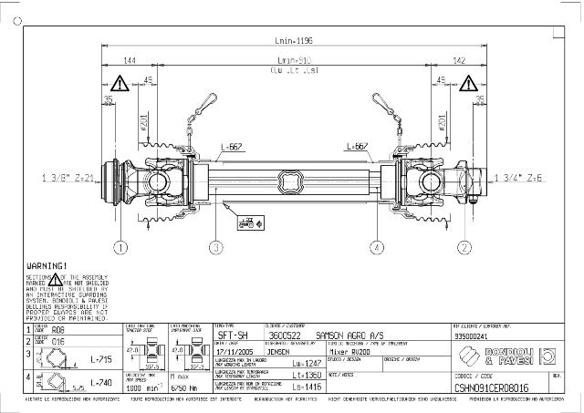 SH Standard PTO Aksel 910mm - 1 3/8 Z21 Gaffel med kuglelås x 1 3/4 Z6 Gaffel med kilebolt