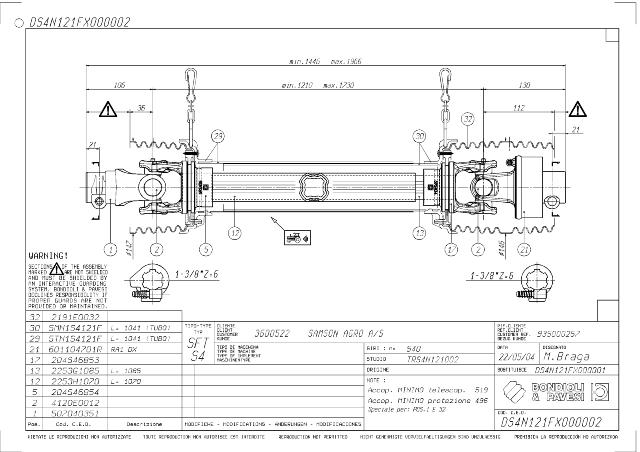 S4 Standard PTO Aksel 1210mm - 1 3/8 Z6 Gaffel med snaplås x 1 3/8 Z6 RA1 DX - Friløbskobling (højre) 