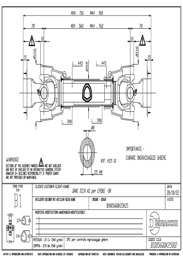 B1 Standard PTO Aksel 560mm - Ø25 mm Gaffel med stift x Ø25 mm Gaffel med stift