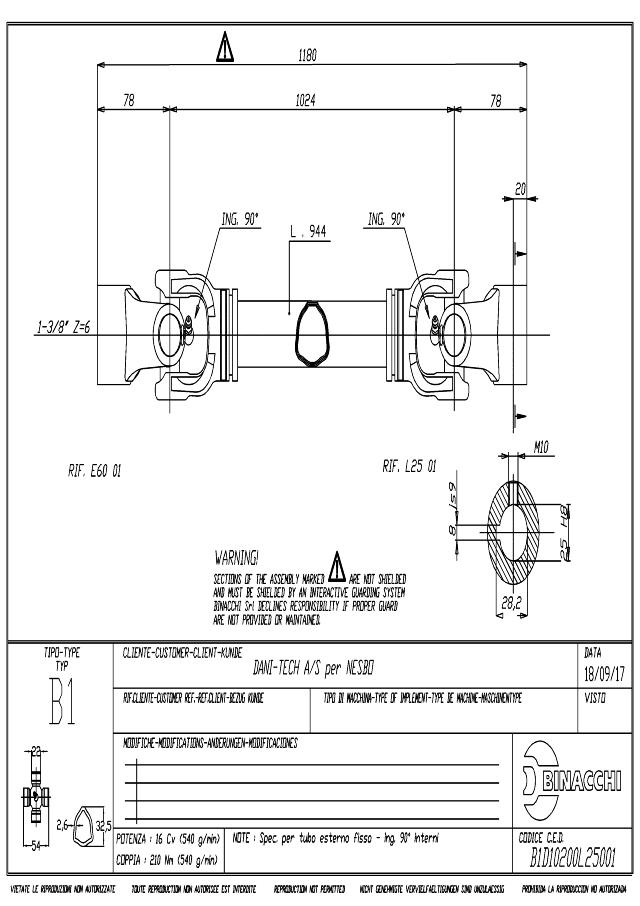 B1 Standard PTO Aksel 1024mm - Ø25 mm Gaffel med notgang x 1 3/8 Z6 Gaffel uden lås