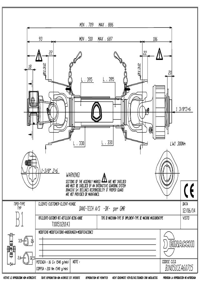 B1 Standard PTO Aksel 510mm - 1 3/8 Z6 Gaffel med snaplås x 1 3/8 Z6 LW1 - Palkobling (symetrisk) med kuglelås