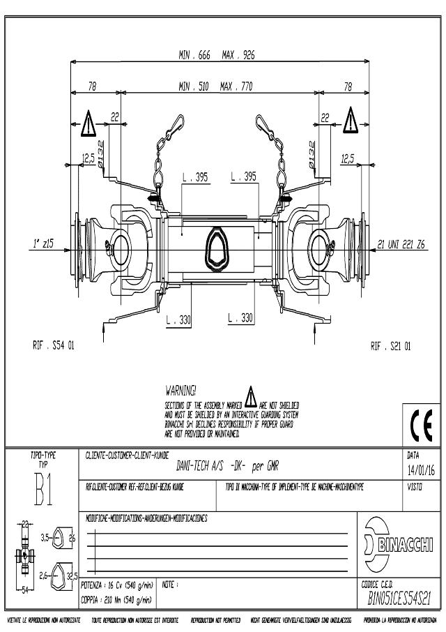 B1 Standard PTO Aksel 510mm - 1 Z15 Gaffel med kuglelås x 21 UNI 221 Z6 Gaffel med kuglelås