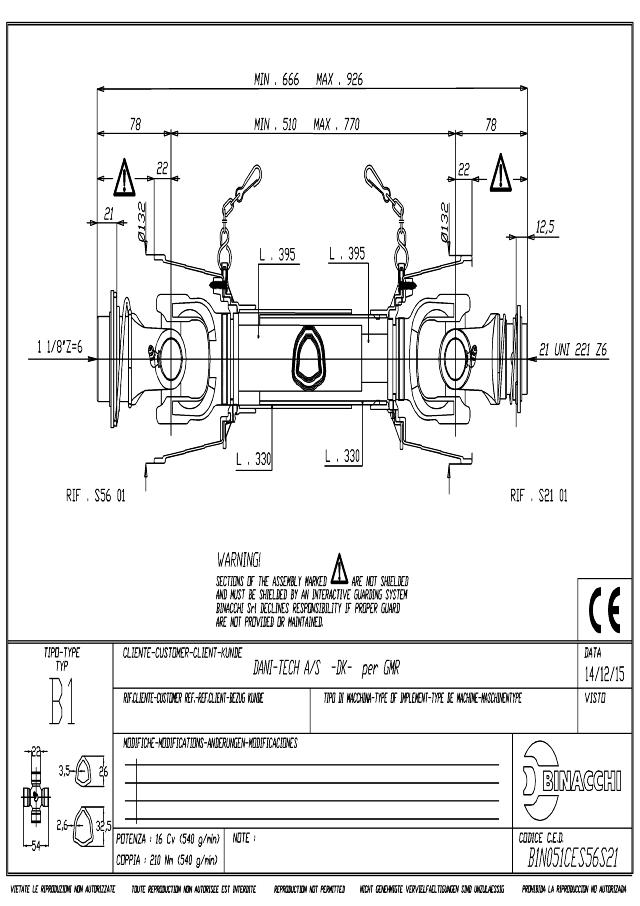 B1 Standard PTO Aksel 510mm - 1 1/8 Z6 Gaffel med kuglelås x 21 UNI 221 Z6 Gaffel med kuglelås