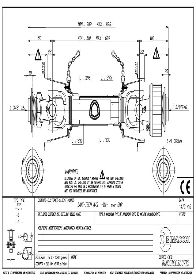 B1 Standard PTO Aksel 510mm - 1 3/8 Z6 Gaffel med kuglelås x 1 3/8 Z6 LW1 - Palkobling (symetrisk) med kuglelås