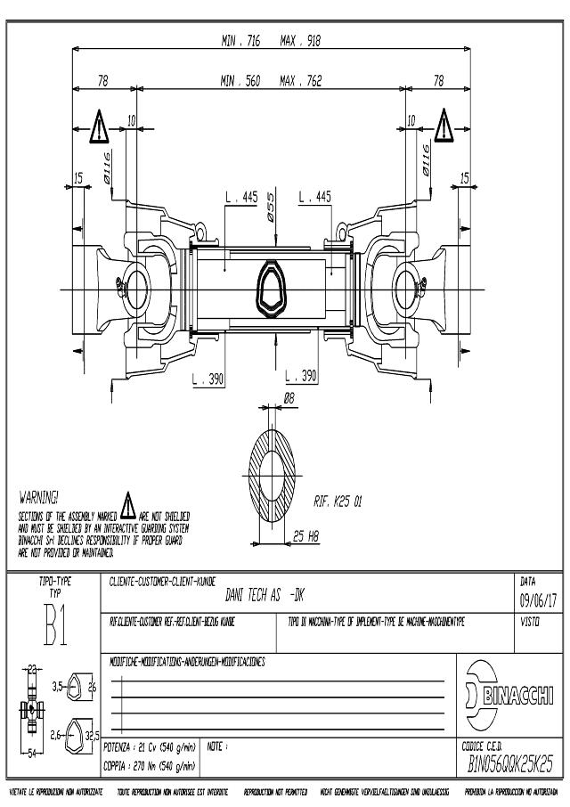 B1 Standard PTO Aksel 560mm - Ø25 mm Gaffel med stift x Ø25 mm Gaffel med stift