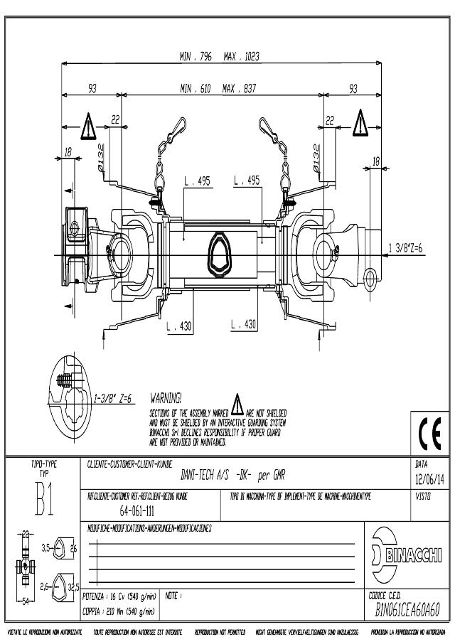 B1 Standard PTO Aksel 610mm - 1 3/8 Z6 Gaffel med snaplås x 1 3/8 Z6 Gaffel med snaplås