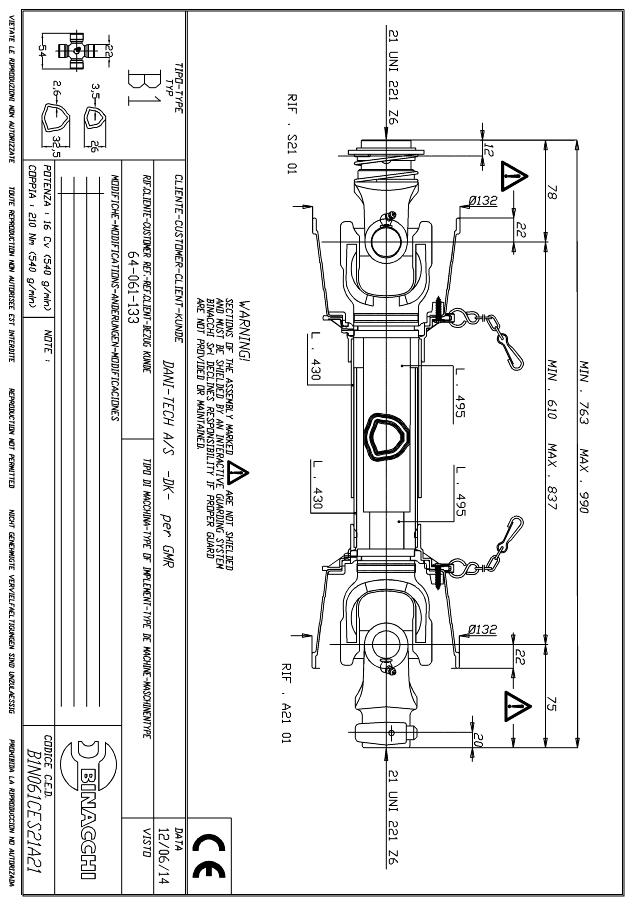 B1 Standard PTO Aksel 610mm - 21 UNI221 Z6 Gaffel med kuglelås x 21 UNI 221 Z6 Gaffel med snaplås