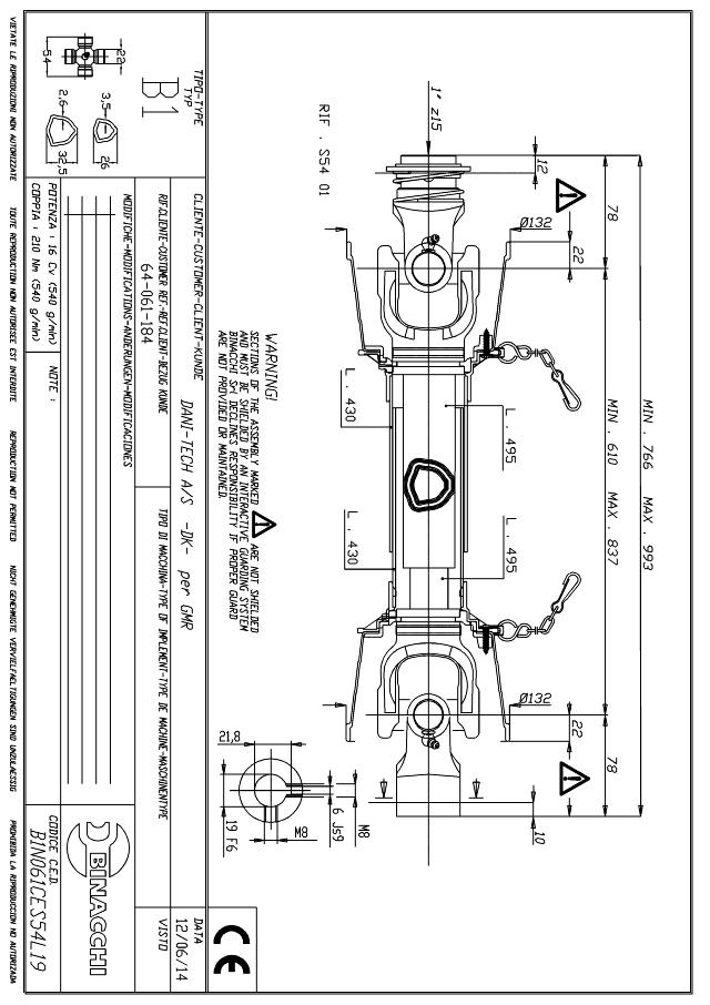 B1 Standard PTO Aksel 610mm - 1 Z15 Gaffel med kuglelås x Ø19 mm Gaffel med notgang