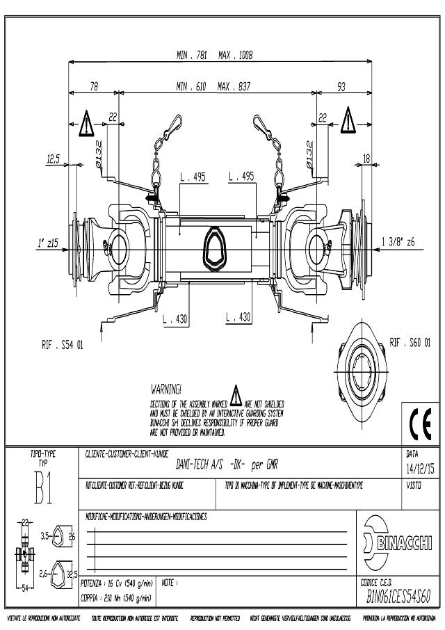 B1 Standard PTO Aksel 610mm - 1 Z15 Gaffel med kuglelås x 1 3/8 Z6 Gaffel med kuglelås